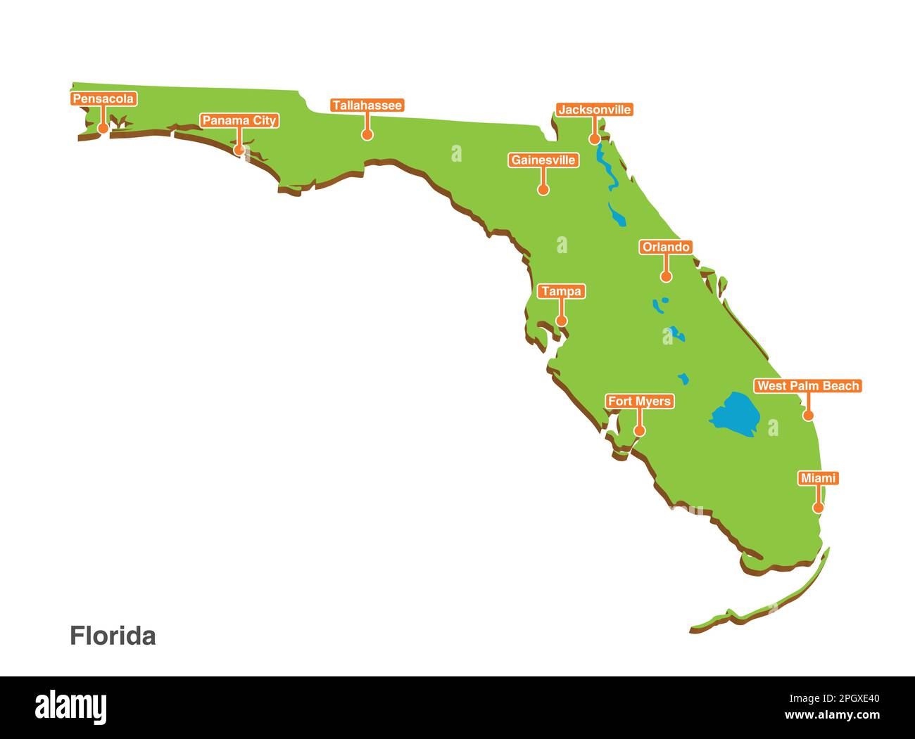 Mappa geografica con prospettiva vettoriale della Florida con città più grandi Illustrazione Vettoriale