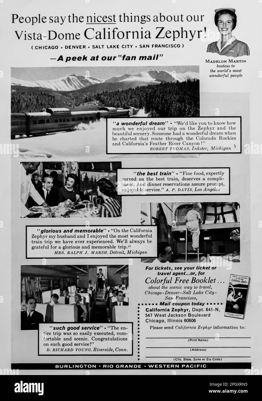 Vista-dome California Zephyr - annuncio del Pacifico occidentale in una rivista NatGeo, febbraio 1964 Foto Stock