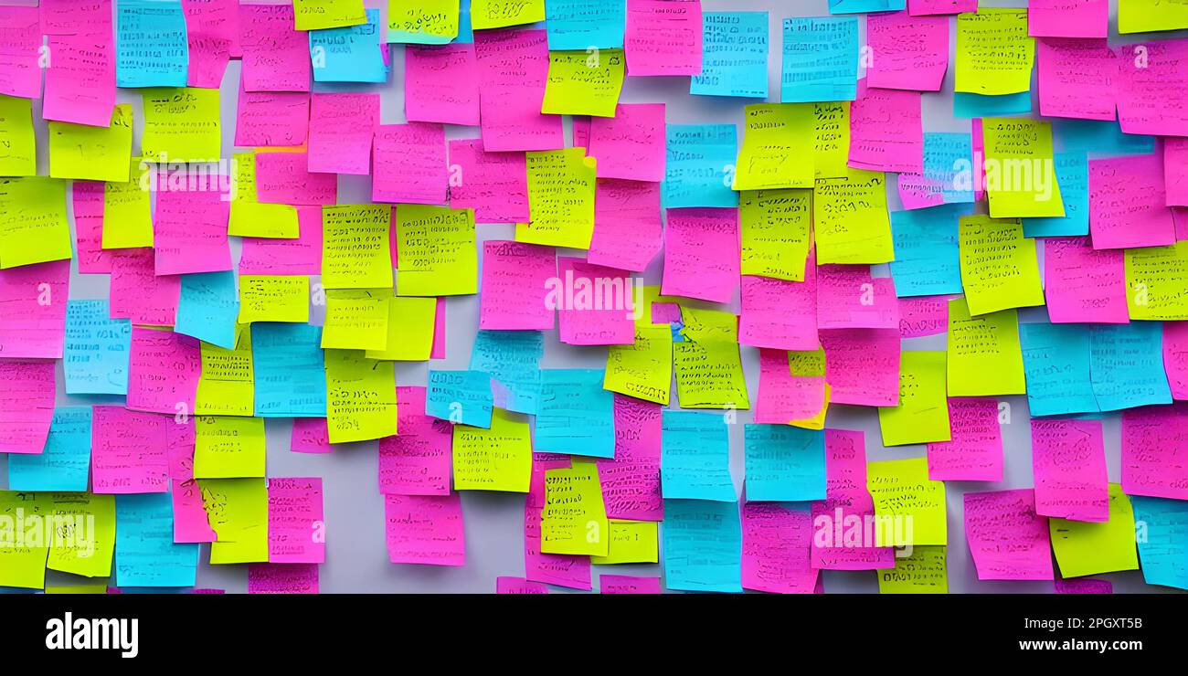 primo piano post-it appiccicoso appunti sulla lavagna pensare serbatoio brainstorm design Foto Stock