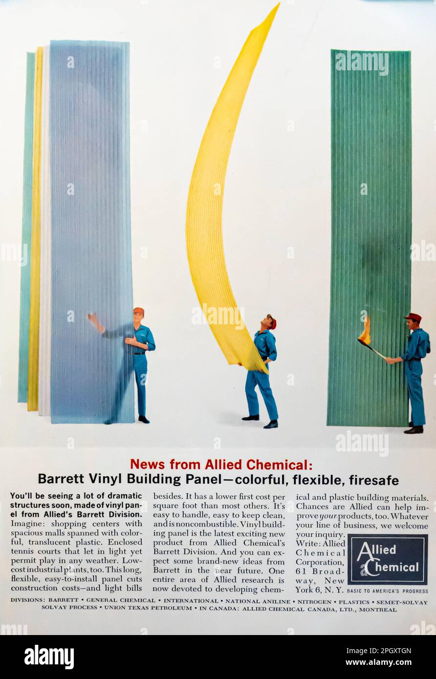 Allied Chemical pannelli in vinile pubblicità in una rivista NatGeo, ottobre 1962 Foto Stock