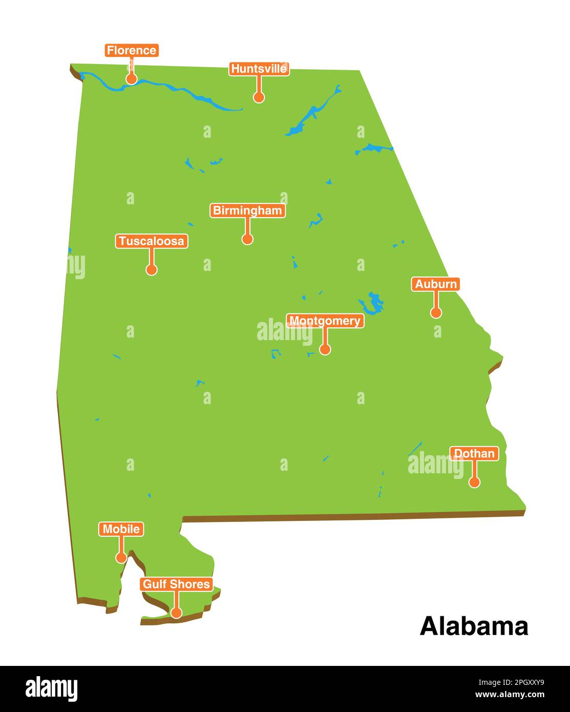 3D vettore illustrato colorato mappa turistica della regione Alabama forma con città e laghi Illustrazione Vettoriale