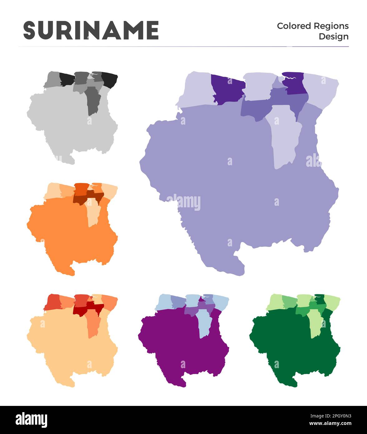 Raccolta mappe Suriname. Confini del Suriname per la tua infografica. Regioni colorate del paese. Illustrazione vettoriale. Illustrazione Vettoriale
