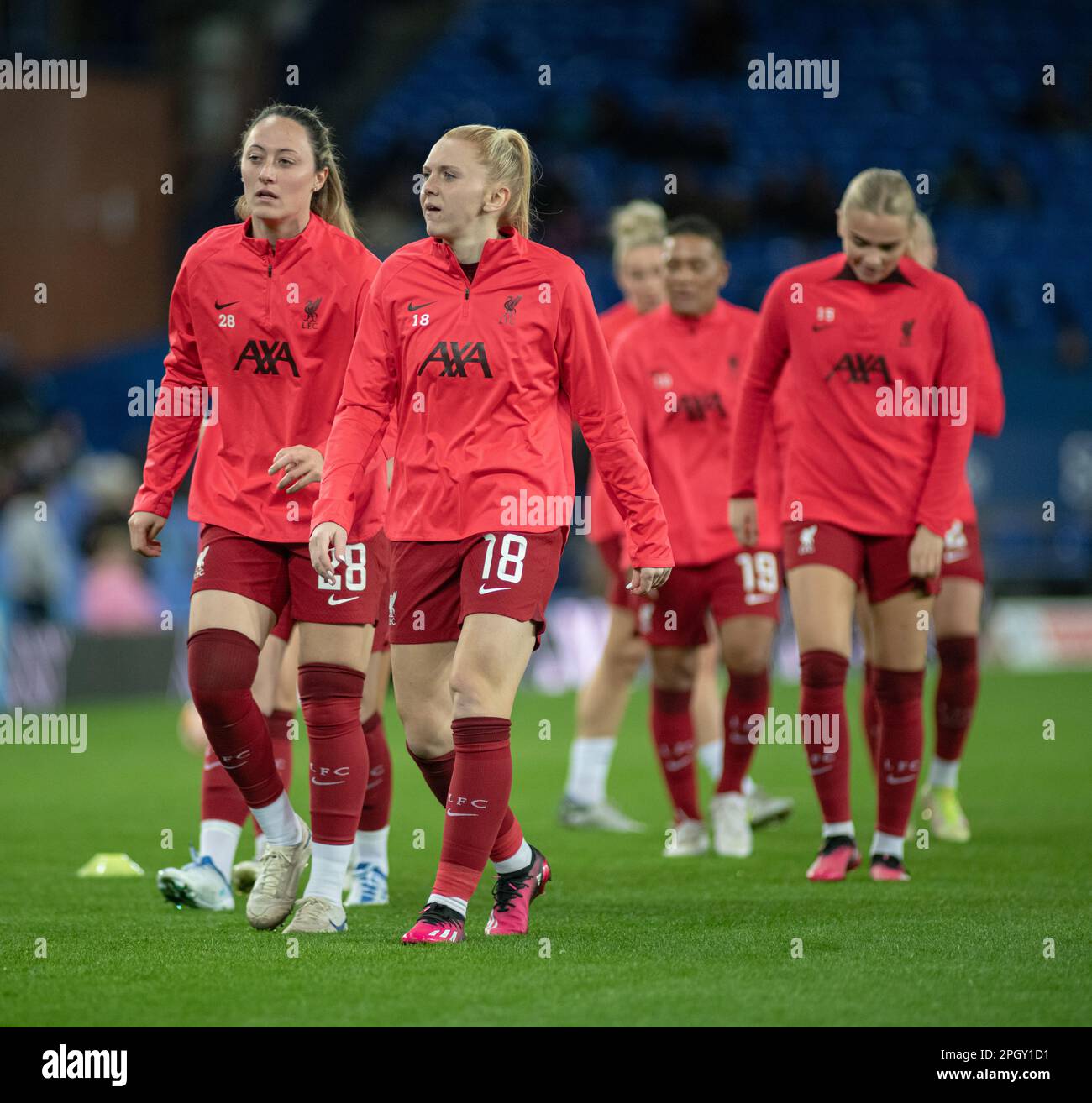 Liverpool, Merseyside, Inghilterra. 24th marzo 2023. La squadra di Liverpool si riscalda, durante l'Everton Football Club V Liverpool Football Club al Goodison Park, nella Barclays Women's Super League (Credit Image: ©Cody Froggatt/ Alamy Live News) Foto Stock