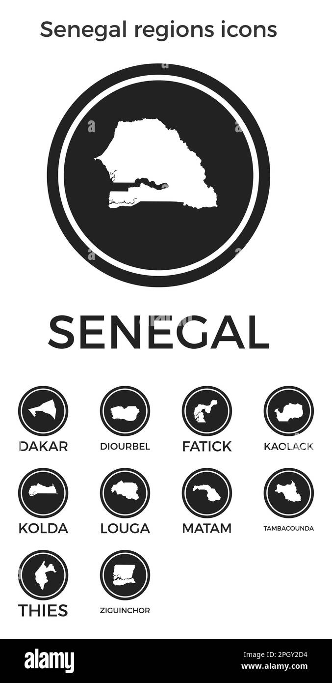 Icone regioni Senegal. Loghi rotondi neri con mappe e titoli delle aree geografiche. Illustrazione vettoriale. Illustrazione Vettoriale