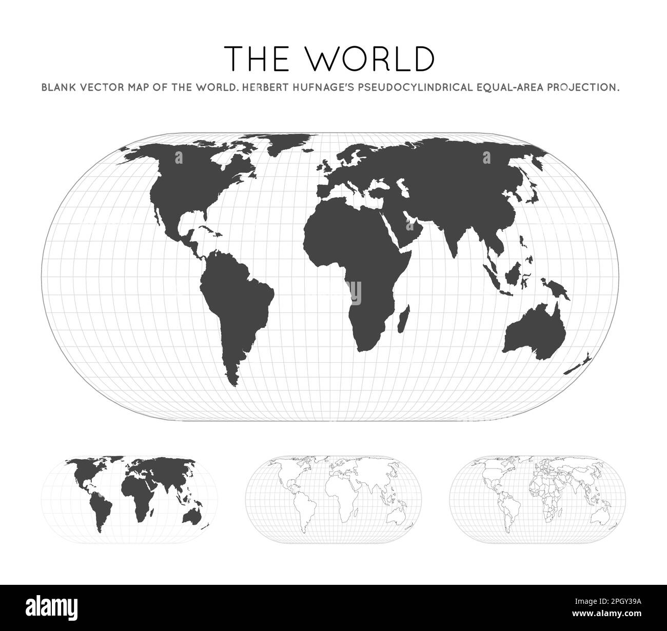Mappa del mondo. Proiezione pseudocilindrica di Herbert Hufnagel a pari area. Globo con linee di latitudine e longitudine. Illustrazione Vettoriale