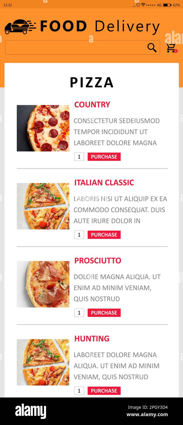 App per la consegna di cibo. Visualizzazione con menu appetitoso Foto Stock