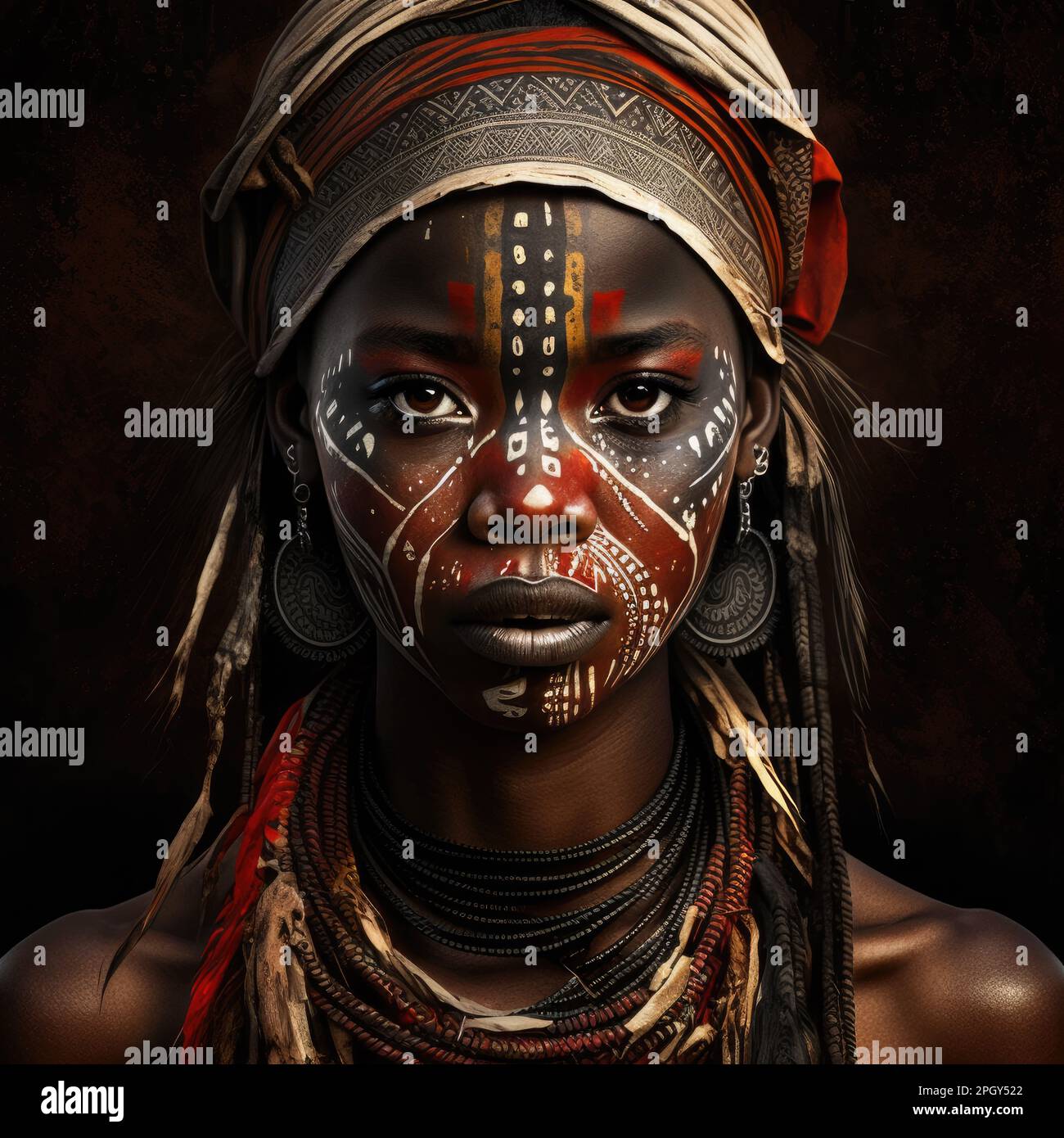 il volto di una donna affricana con caratteristiche esasive durante una cerimonia tribale Foto Stock