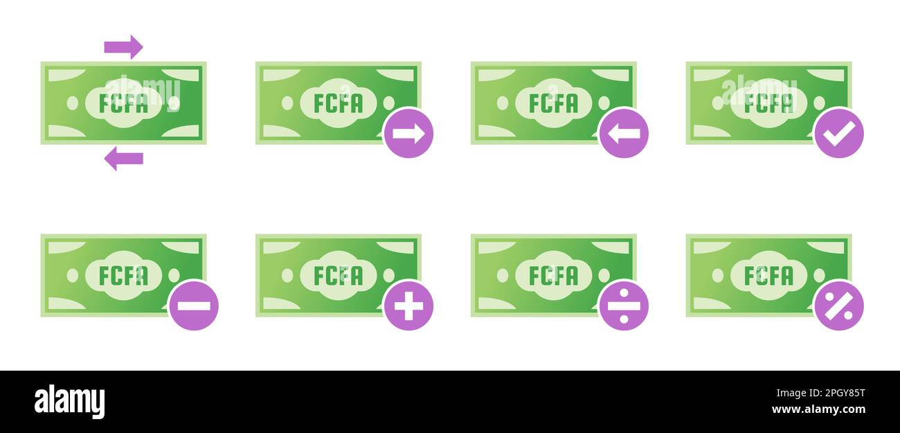 Set di icone transazione di denaro CFA Franc per l'Africa centrale Illustrazione Vettoriale