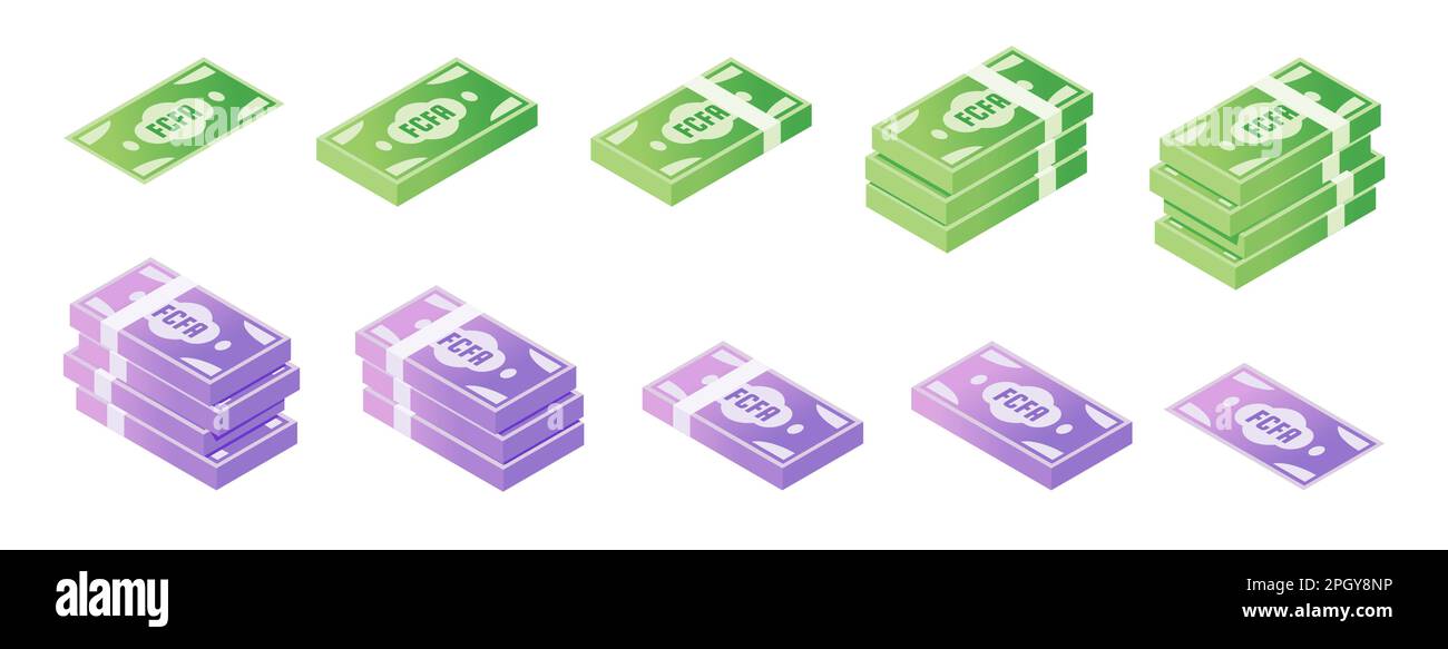 Set icone isometriche per banconote CFA Franc dell'Africa centrale Illustrazione Vettoriale