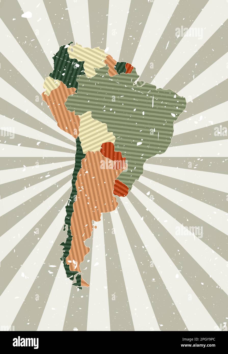Mappa d'epoca del Sud America. Poster grunge con mappa del continente in una tavolozza di colori retrò. Forma del Sud America con sfondo a raggi solari. Illustrazione Vettoriale