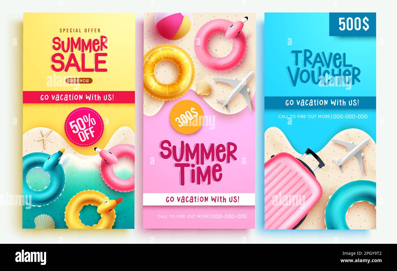 Vendita estiva set poster vettoriale. Estate, vendita e viaggio voucher ritiro vacanze. Illustrazione vettoriale del layout del poster estivo. Illustrazione Vettoriale