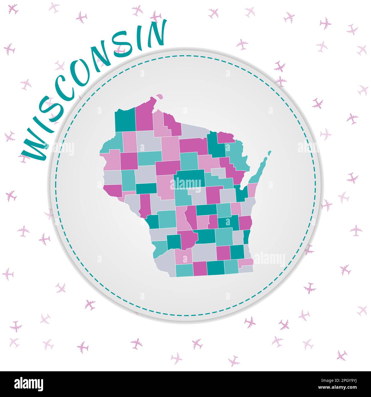 Disegno della mappa del Wisconsin. Mappa dello stato degli Stati Uniti con regioni nella tavolozza dei colori smeraldo-ametista. Illustrazione Vettoriale