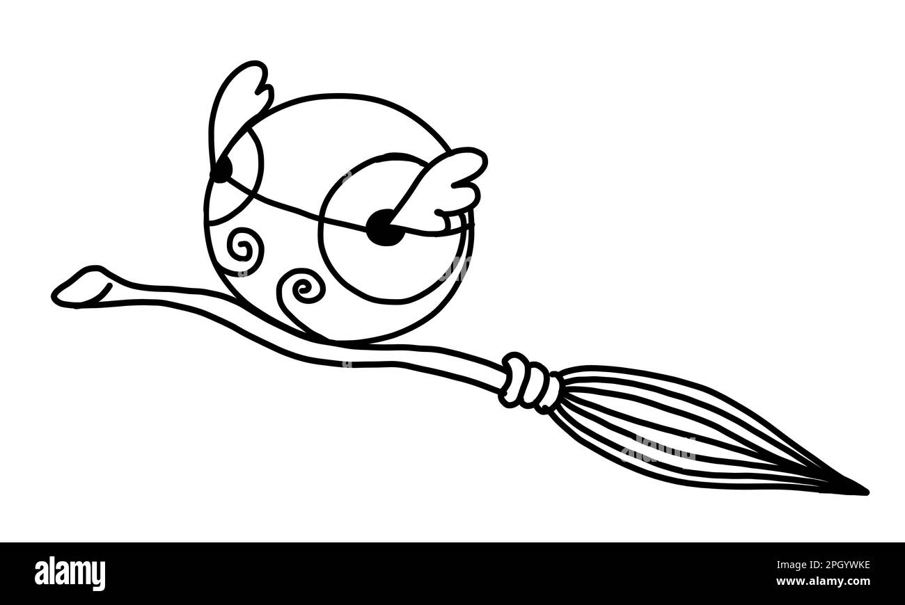Snitch Magic Ball con ali e scopa per streghe. Illustrazione vettoriale in stile doodle contorno isolato su sfondo bianco. Illustrazione Vettoriale