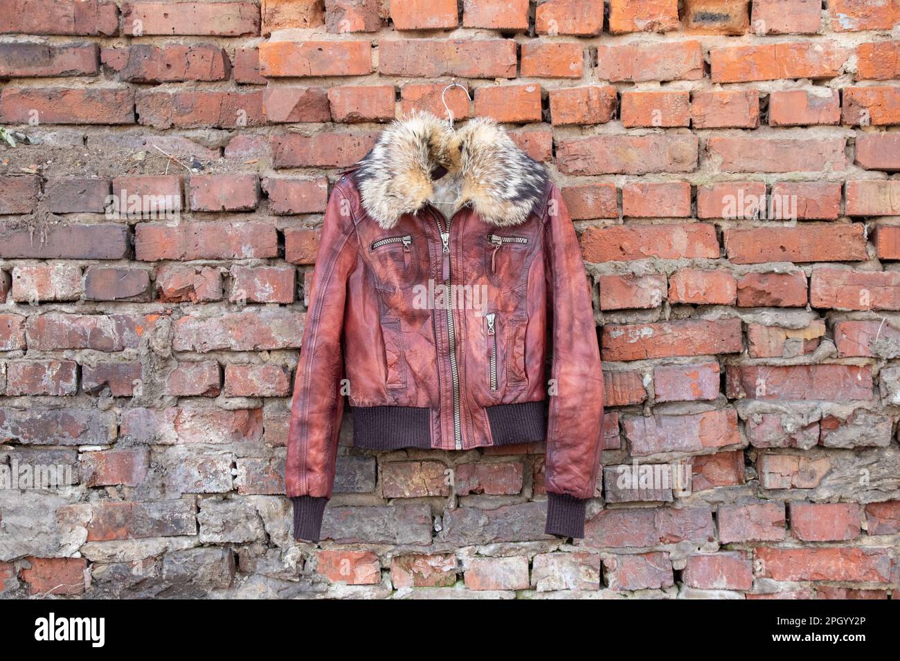 giacca invernale donna in pelle di pelliccia rossa appesa su un appendiabiti su una vecchia parete di mattoni all'aperto durante il giorno, abbigliamento femminile Foto Stock