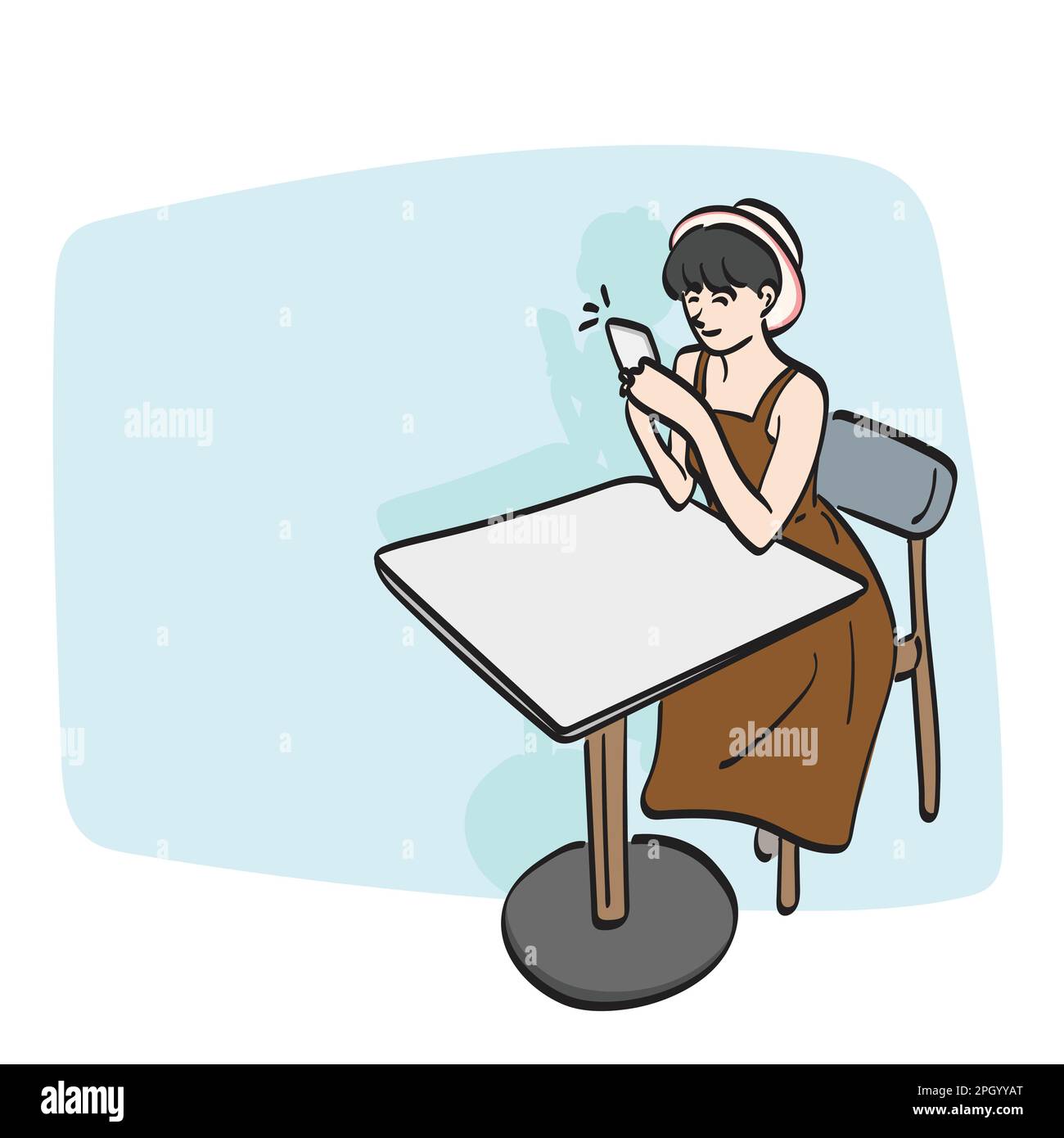 line art donna con cappello utilizzando smartphone sul tavolo con sfondo bianco blu illustrazione vettore disegnato a mano isolato su sfondo bianco Illustrazione Vettoriale