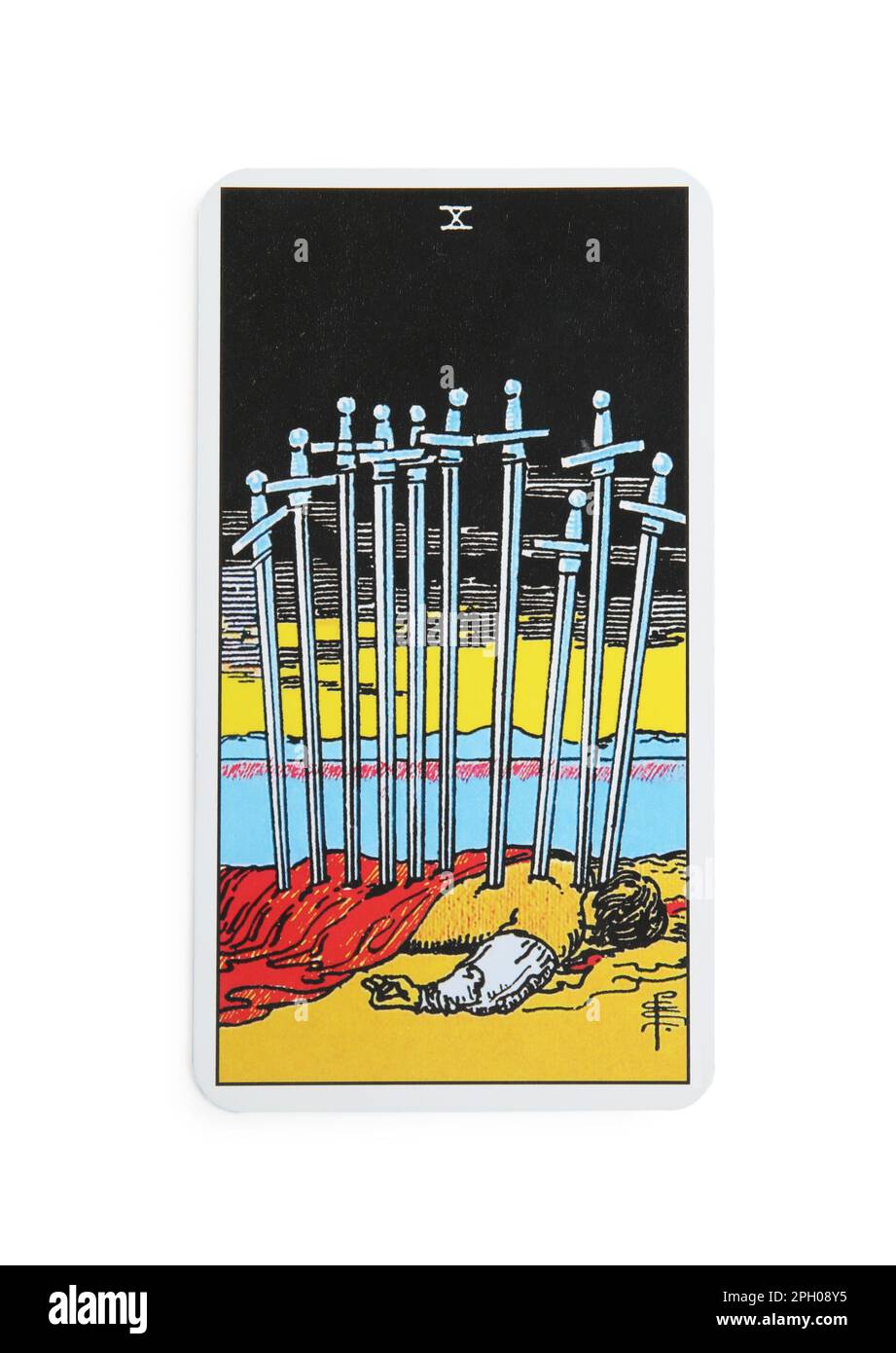 La carta Ten of Swords tarot su sfondo bianco, vista dall'alto Foto Stock