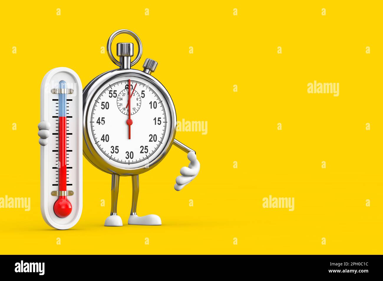 Moderno orologio da tavolo Cartoon personaggio persona Mascot con termometro  per esterni su sfondo giallo. rendering 3D Foto stock - Alamy