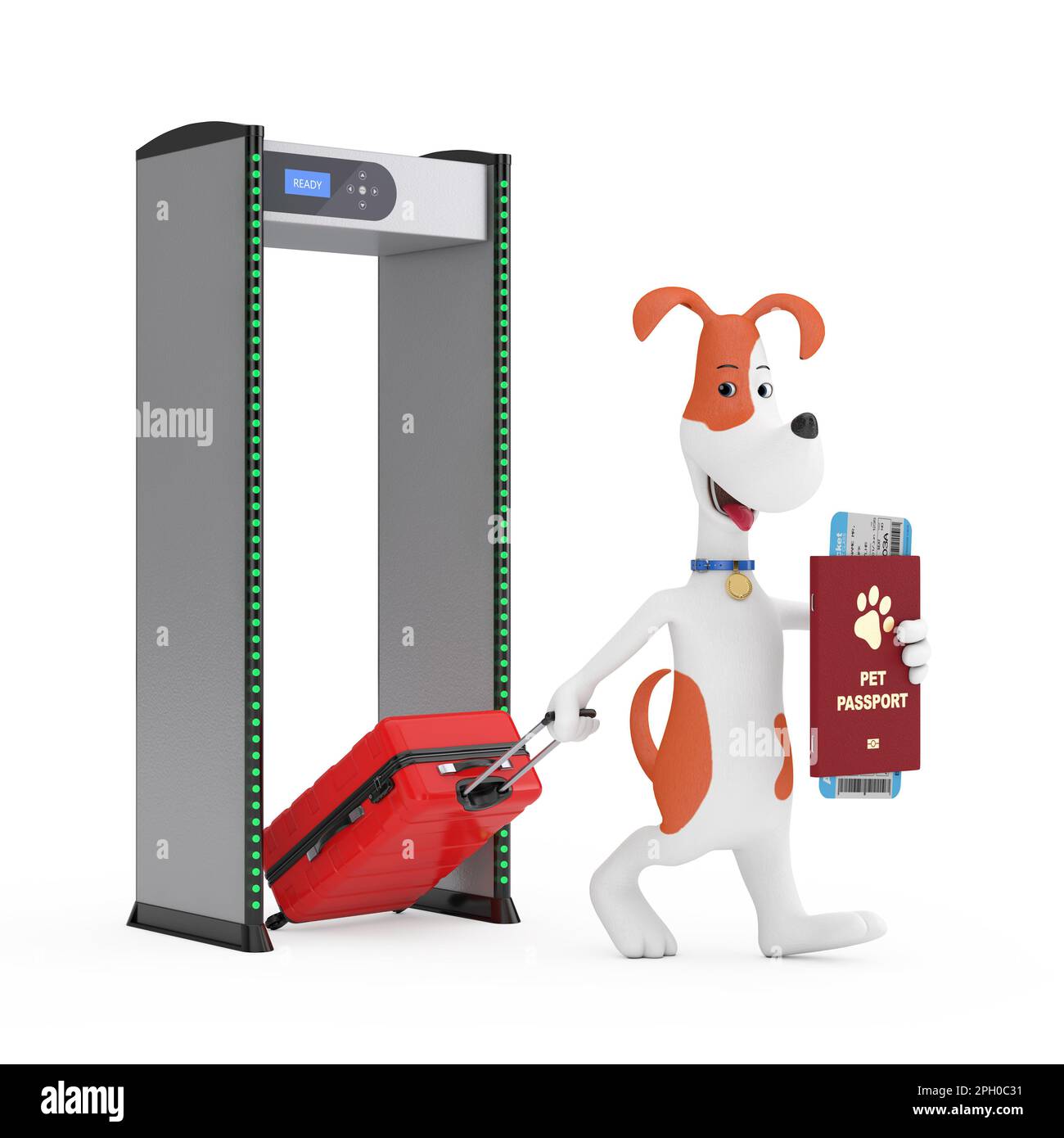 Cartoon Cute Dog con Suitcase Holding PET Passport documento con biglietto d'imbarco Airlines Walk attraverso i cancelli di sicurezza sicuri con Metal Detectors Foto Stock