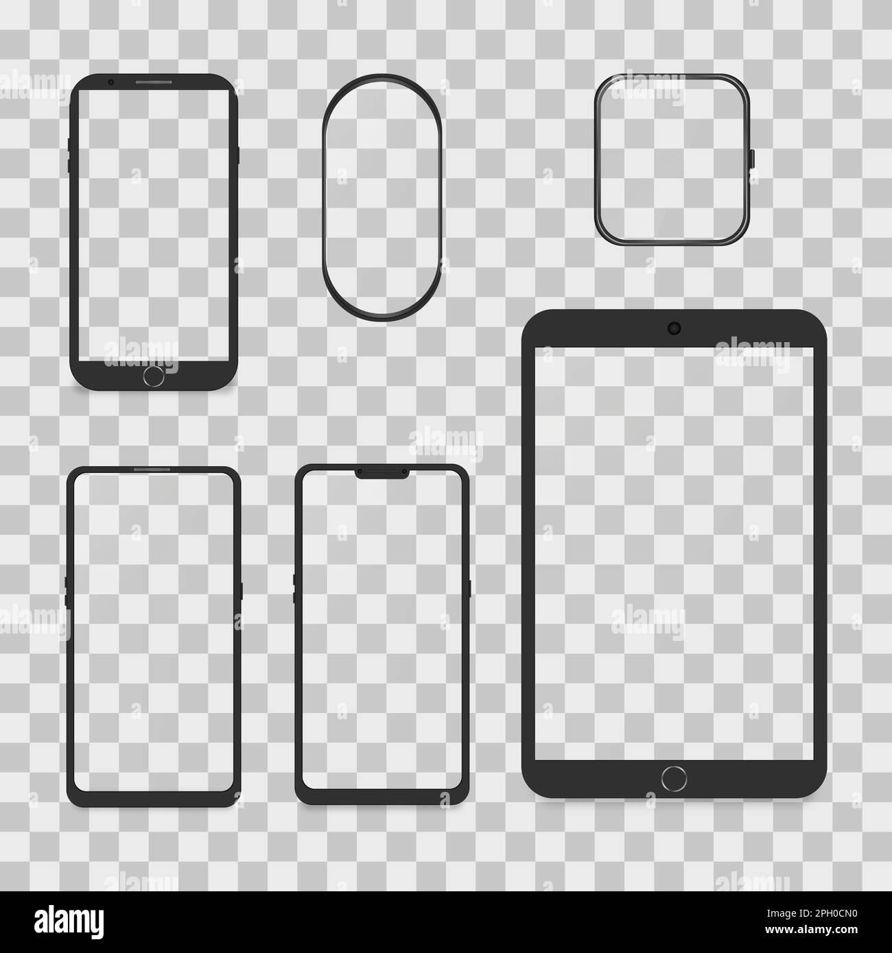 Smartphone e tablet, dispositivi digitali moderni isolati su sfondo bianco. Vista frontale, illustrazione vettoriale 3D. Illustrazione Vettoriale