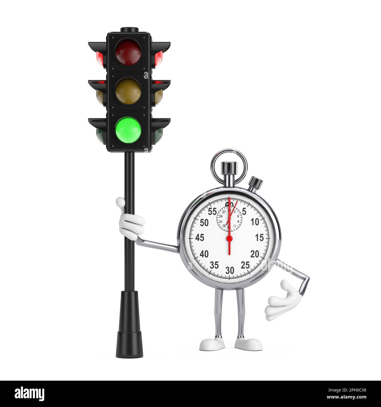 Moderno Stopwatch Cartoon personaggio persona Mascot con semaforo verde su sfondo bianco. rendering 3D Foto Stock