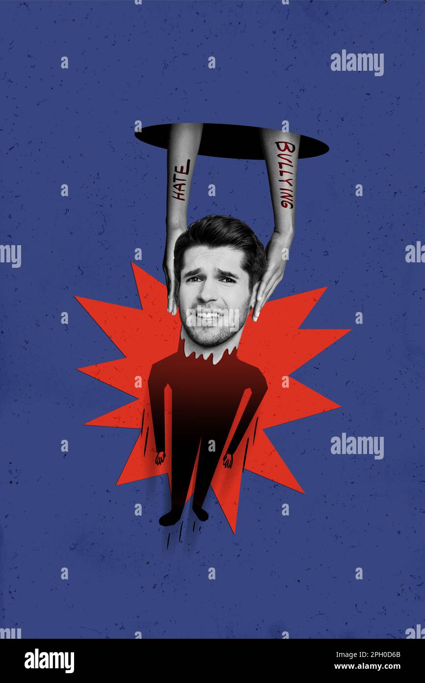 Collage di immagine dell'illustrazione l'uomo sollecitato ha vita sociale dolorosa soffre la beffa di bullismo che beffa l'helpless di grido chiede l'aiuto arresto di sostegno Foto Stock