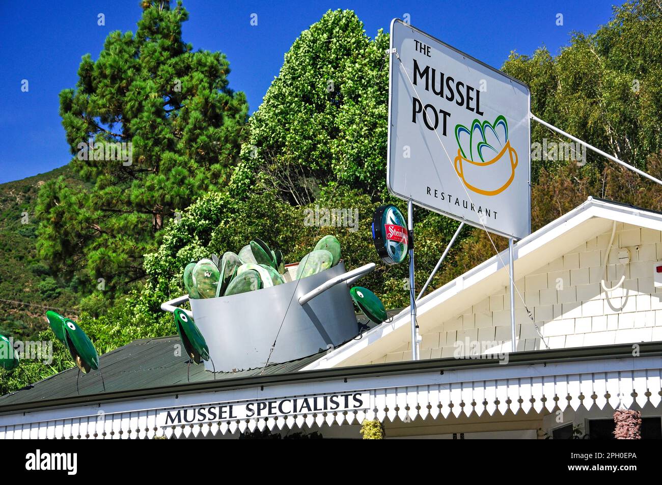 La cozza Pot Restaurant, Main Street, Havelock, Marlborough, Isola del Sud, Nuova Zelanda Foto Stock