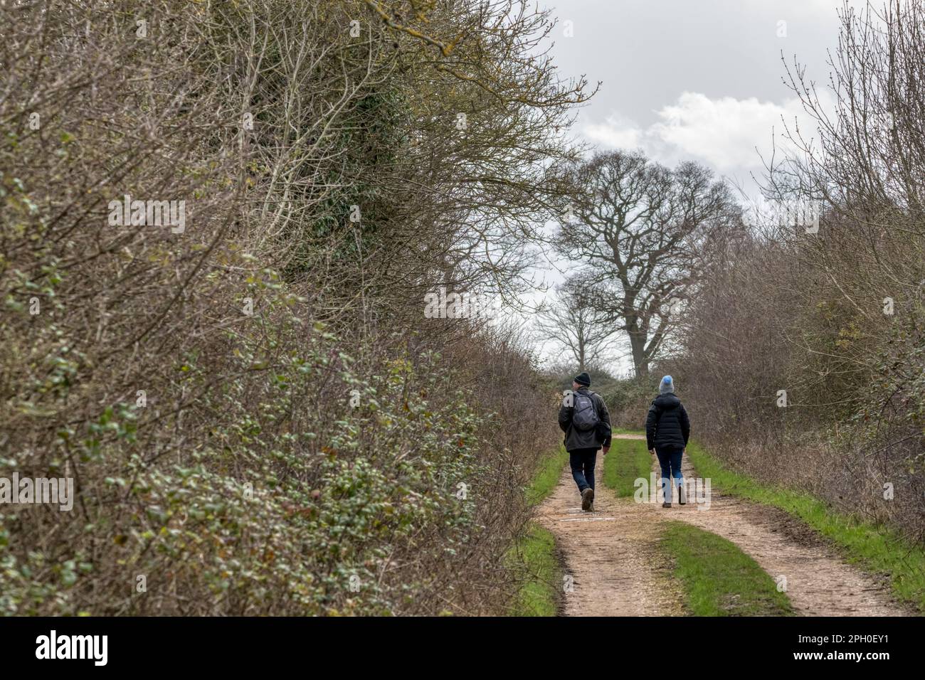 Coppia camminando lungo una corsia di campagna Norfolk presto in primavera. Parte della passeggiata circolare Snettisham. Foto Stock