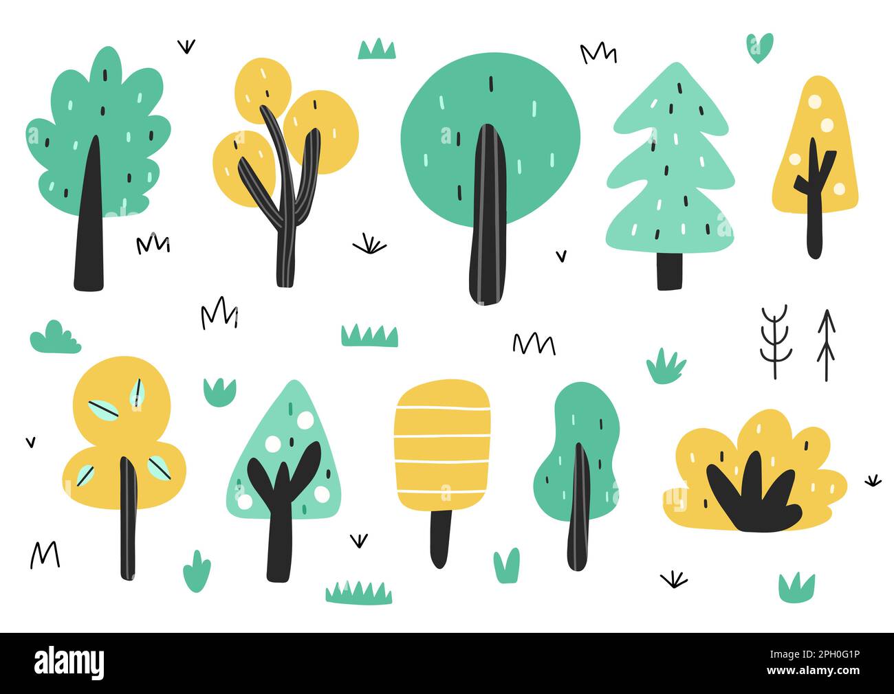 Alberi carini in stile cartoon collezione. Insieme di elementi isolati della foresta Illustrazione Vettoriale