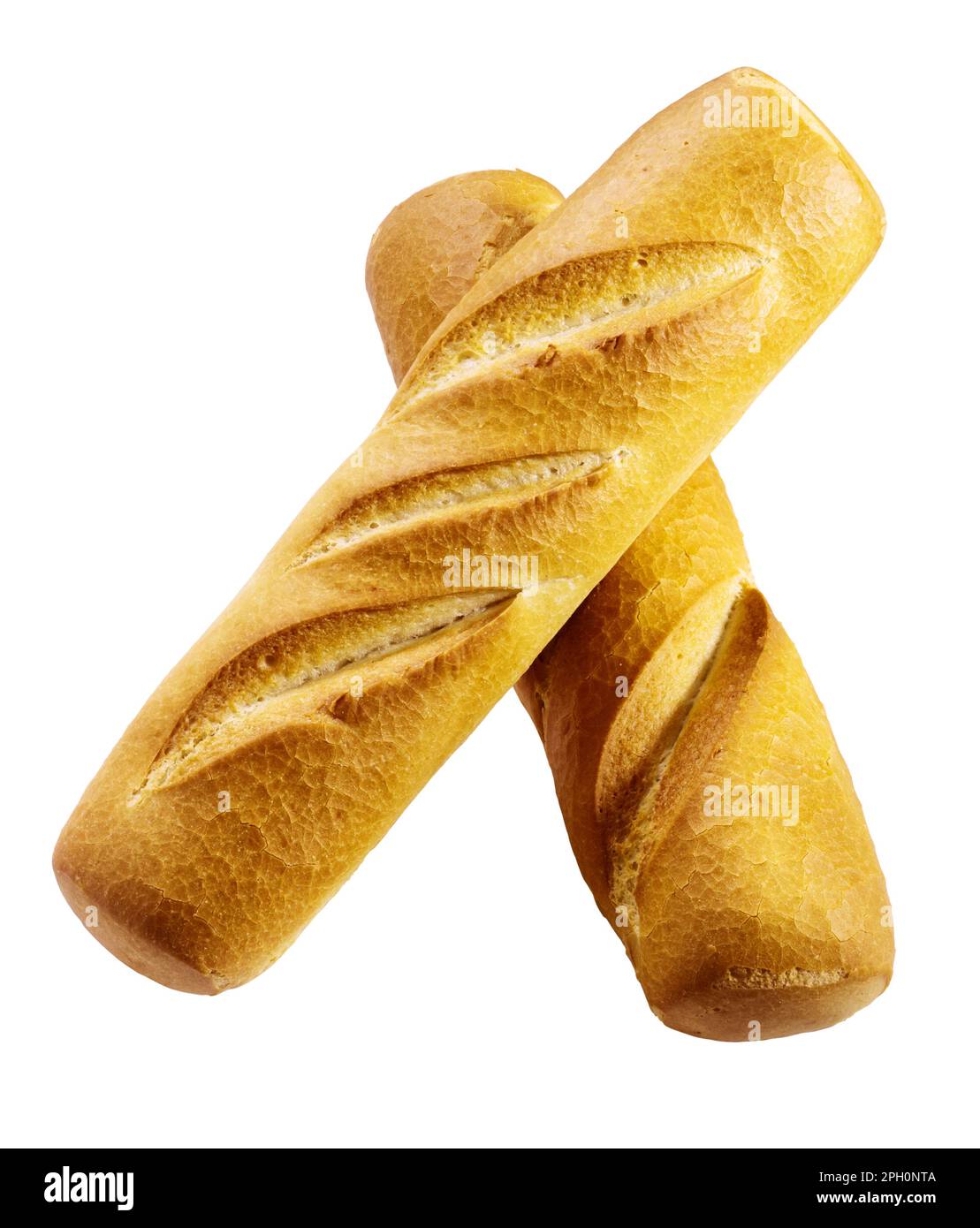Due piccole baguette fresche isolate su bianco senza ombra Foto Stock