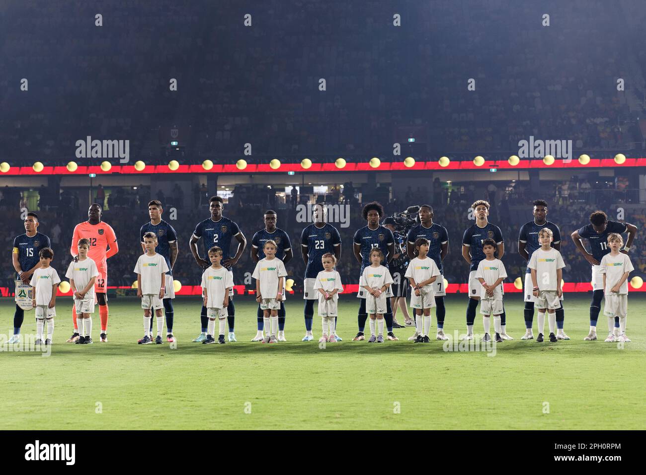 La squadra dell'Ecuador si allinea prima della partita tra Australia ed Ecuador al CommBank Stadium del 24 marzo 2023 a Sydney, Australia Foto Stock