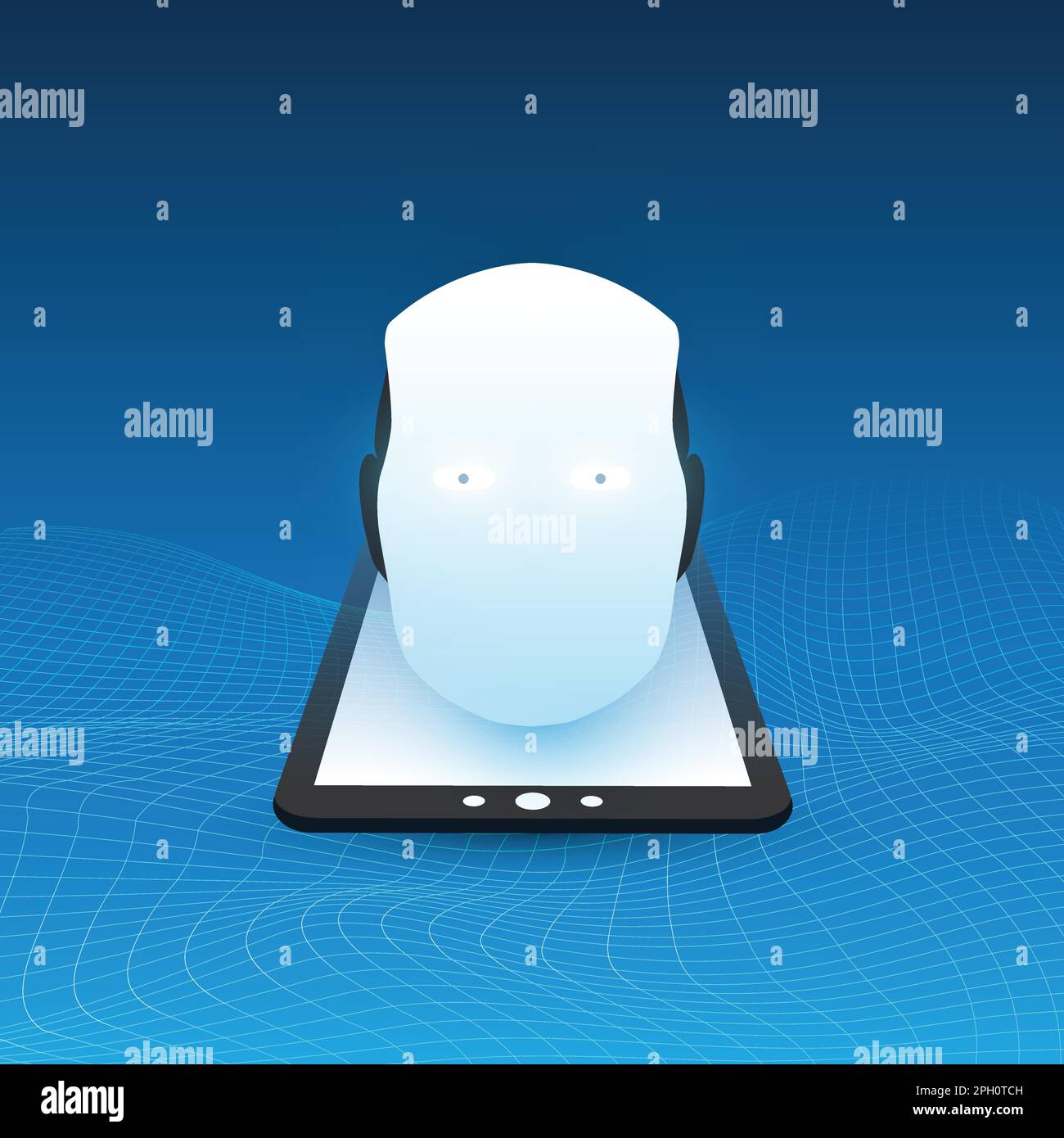 Apprendimento automatico, intelligenza artificiale, cloud computing, assistenza automatizzata al supporto e concetto di progettazione di reti con mesh ondulata, Tablet PC o Mobi Illustrazione Vettoriale
