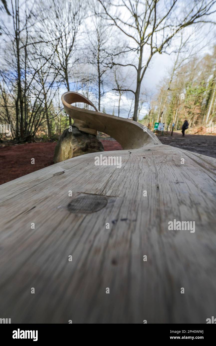 Meandro di Kristinma Veasey. Un nuovo lavoro permanente e luogo di riposo aggiunto alla Foresta di Dean Sculpture Trail in tempo per Pasqua. Foto Stock