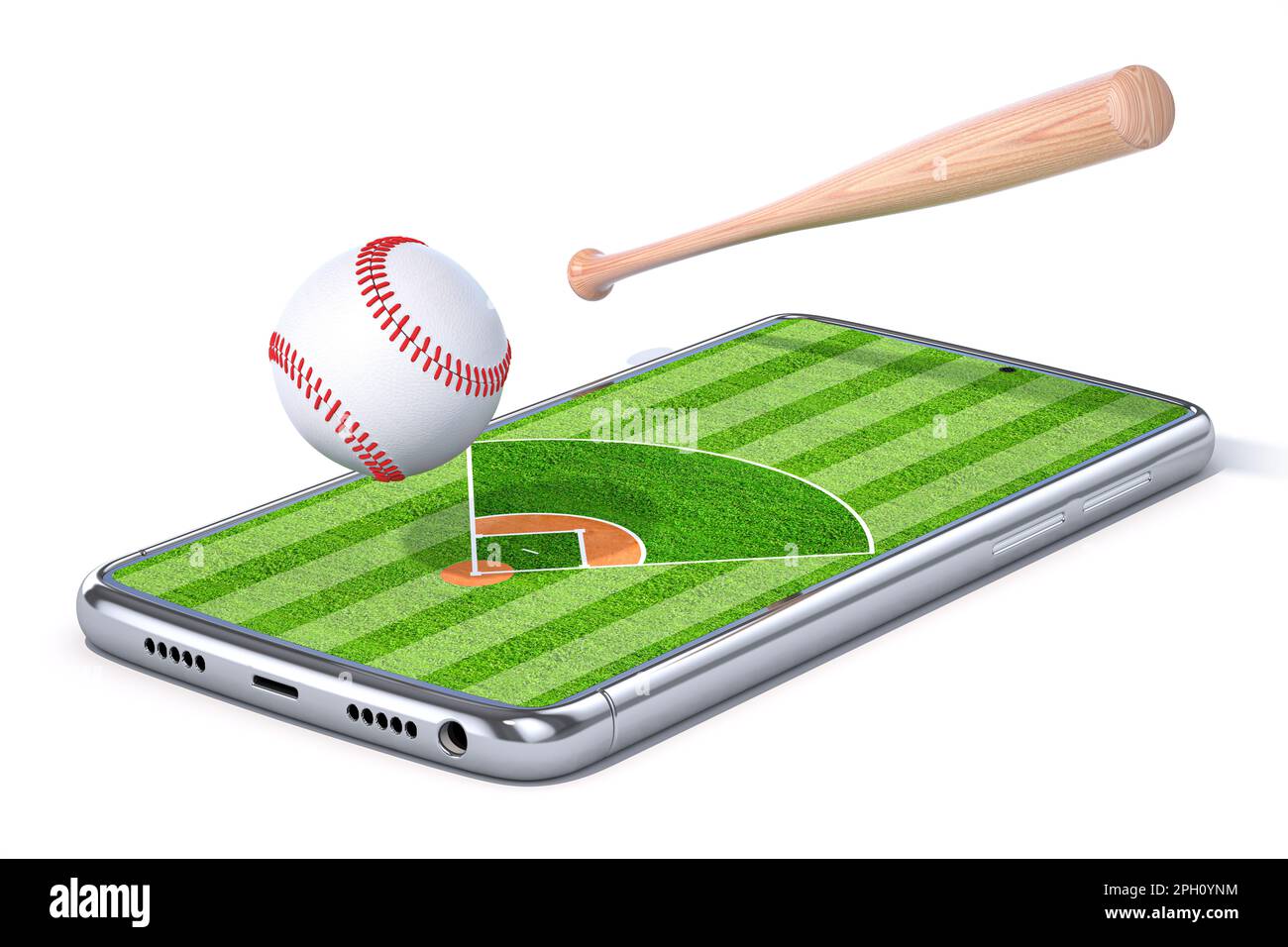 App per videogiochi online per smartphone Baseball. Telefono cellulare con un campo da baseball su uno schermo con palla da baseball e pipistrello. illustrazione 3d Foto Stock