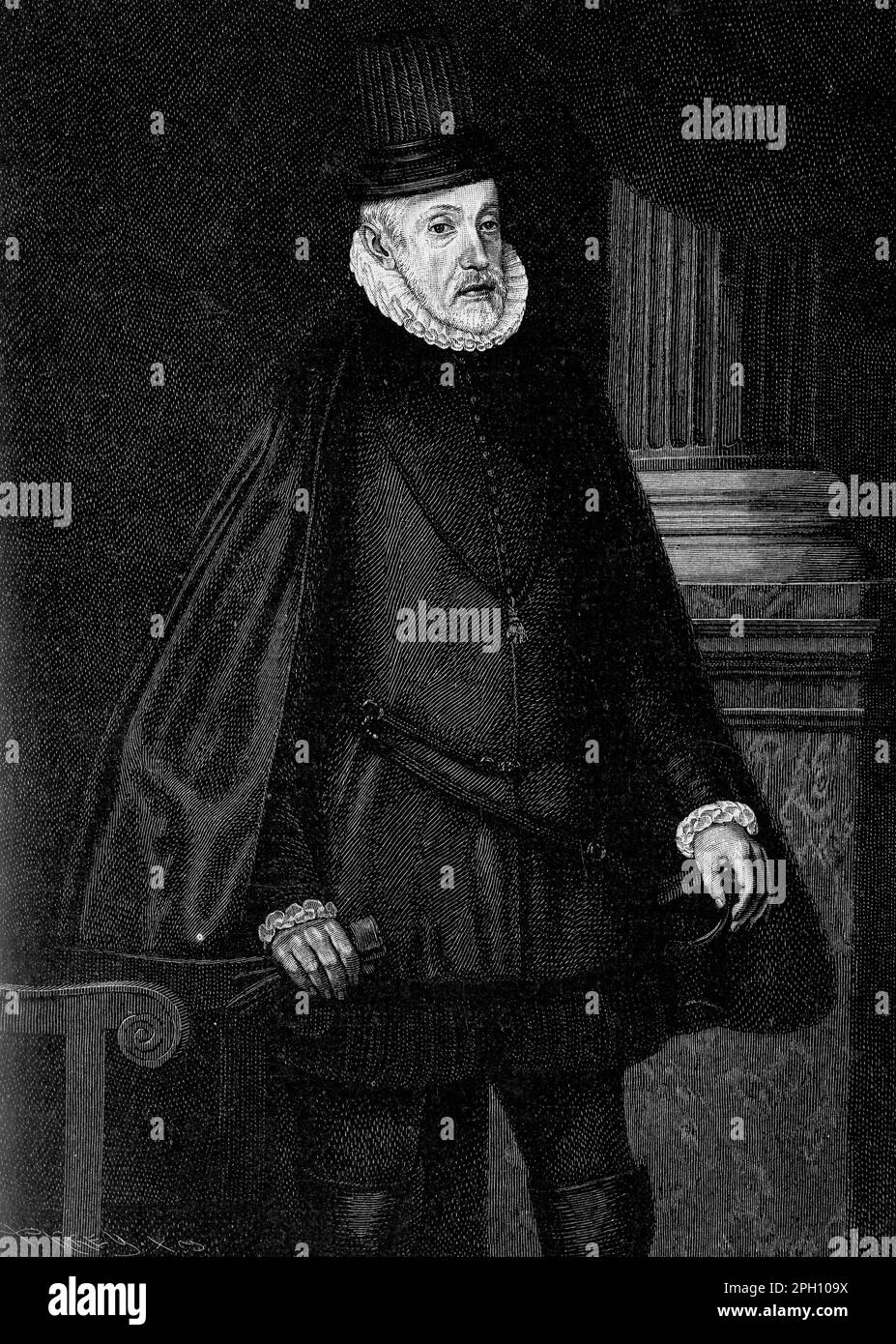 Filippo II (1527-1598) fu re di Spagna dal 1556 al 1598 e governò anche Portogallo, Napoli, Sicilia e Paesi Bassi spagnoli. Un devoto cattolico, si vedeva come un difensore della fede e combatteva contro il protestantesimo e l'impero ottomano. Costruì il vasto impero spagnolo, ma affrontò anche problemi economici e ribellioni nei suoi territori, tra cui la rivolta olandese. L'eredità di Filippo è mescolata, con alcuni che lo vedono come un forte difensore del cattolicesimo, mentre altri criticano il suo governo autoritario e le sue politiche economiche Foto Stock