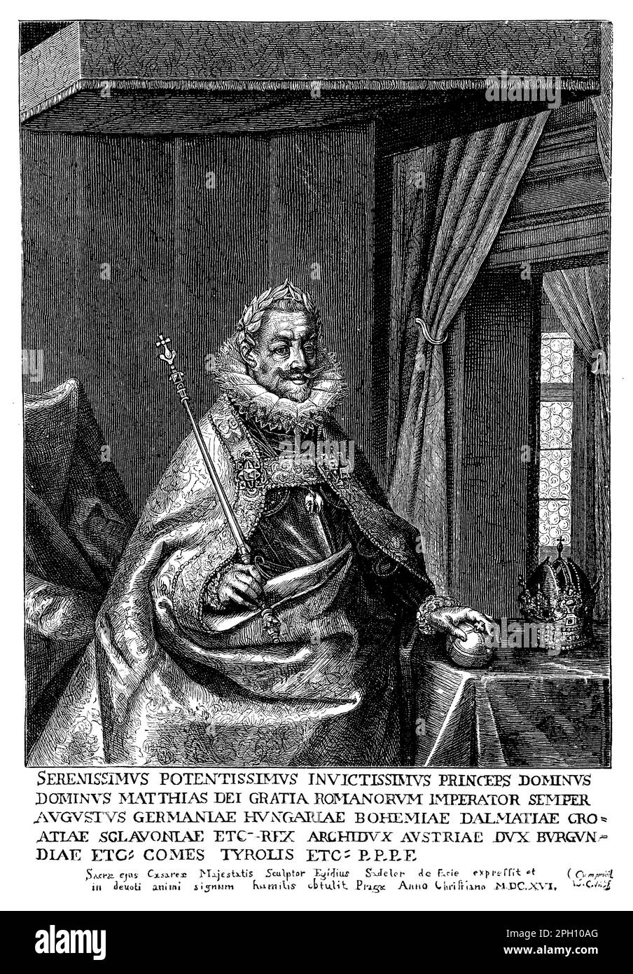 Mattia (1557-1619) fu imperatore del Sacro Romano Impero dal 1612 fino alla sua morte. Fu membro della Casa degli Asburgo e fu conosciuto per i suoi sforzi di riformare l'amministrazione imperiale e stabilizzare l'Impero dopo i conflitti religiosi del secolo precedente. Mattia supervisionò anche l'inizio della rivolta boema e la Guerra dei Trent'anni, che durò per gran parte del suo regno. Fu patrono delle arti e delle scienze e viene ricordato per il suo sostegno alla musica e al teatro Foto Stock