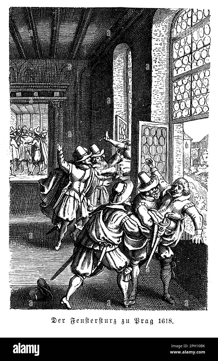 La Defenistrazione di Praga avvenne il 23 maggio 1618, quando un gruppo di nobili protestanti in Boemia gettò due rappresentanti dell'imperatore asburgico fuori da una finestra del Castello di Praga. L'incidente segnò l'inizio della rivolta boema e della Guerra dei Trent'anni, che inghiottì gran parte dell'Europa in un conflitto devastante. La Defenestrazione simboleggiava le profonde tensioni religiose e politiche del Sacro Romano Impero, in particolare tra gli Asburgo Cattolici e i Boemi Protestanti Foto Stock