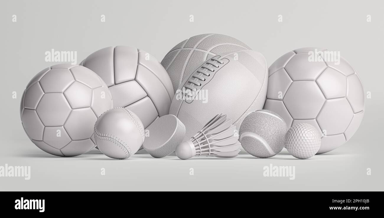 Palline bianche e attrezzature sportive. Calcio, palla a balilla, basket, palline da rugby e pallavolo, puck da hockey e shuttlecock badminton isolato su Foto Stock