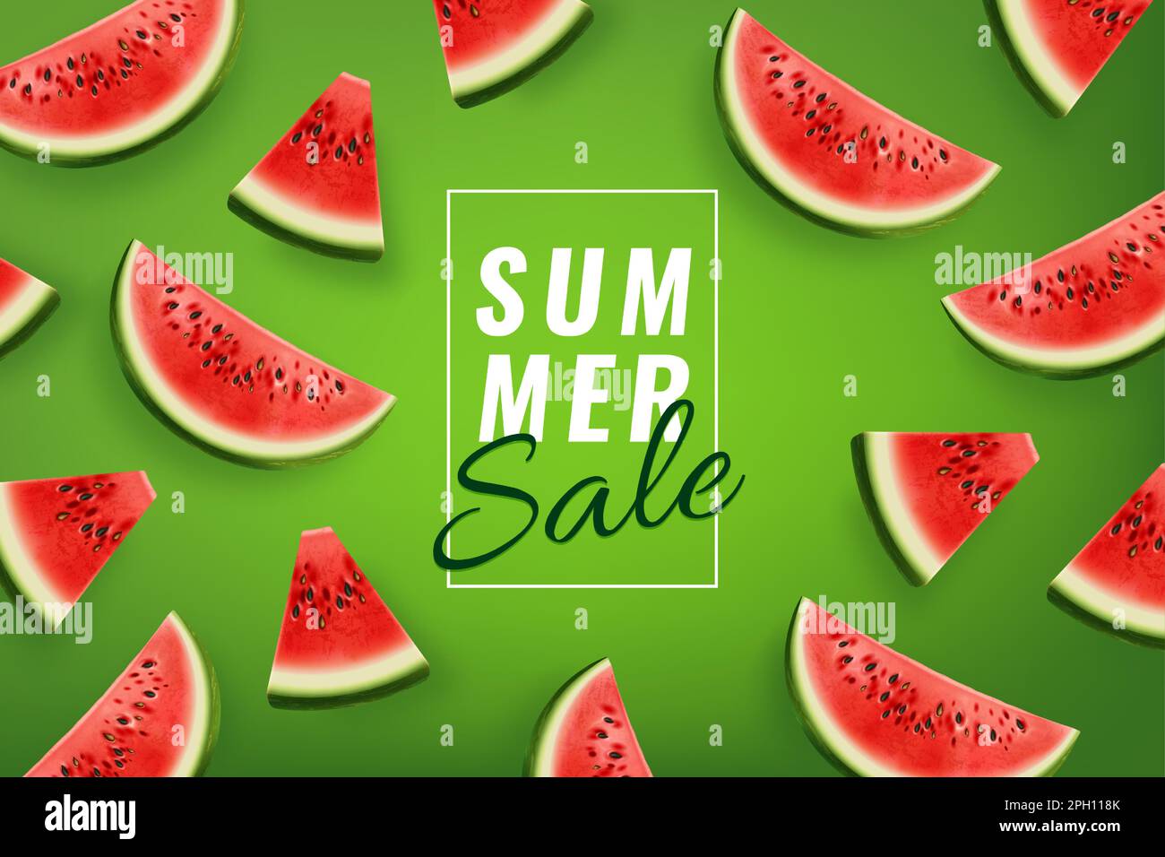 Cocomero realistico, banner di vendita estiva. Modello di stagione con succo, intero o fetta di cibo melone acqua. Dessert biologico naturale. Cornice con spazio di copia. Modello banner. Sfondo del poster vettoriale Illustrazione Vettoriale