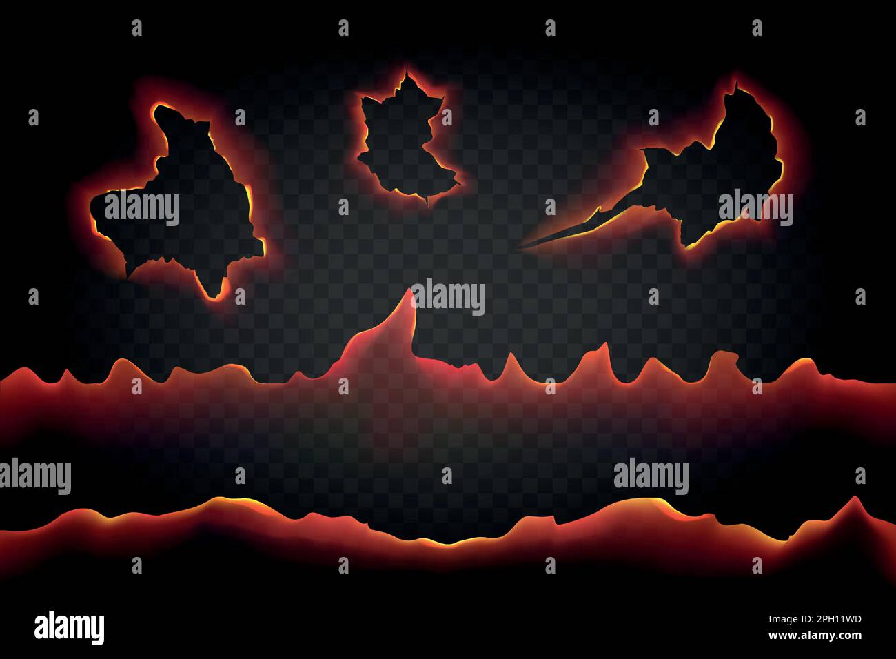 Incrinature realistiche. Pezzi di carta o bordo di carta nero. Bordi strappati ruvidi con fiamma. Macchie di fori bruciate. Telaio circolare strappato. Pagine di Blazing. Forme astratte. Set di effetti di saldatura a fusione con isolamento vettoriale Illustrazione Vettoriale