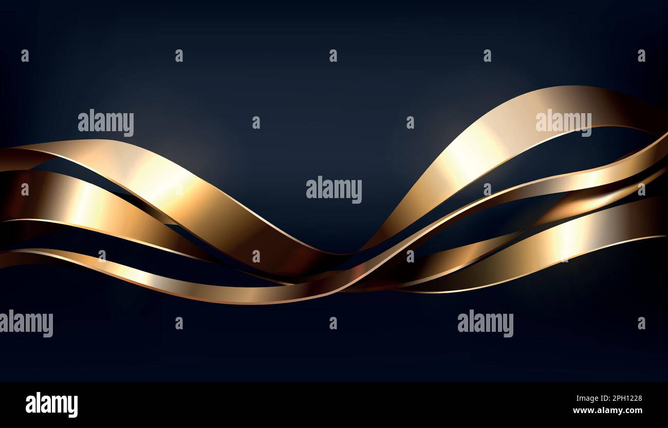 3D forme metalliche fluenti. Onde lucide. Linee curve dinamiche. Tocco dorato lucido decorativo. Fluido di movimento con nastri metallici dorati. Presentazione aziendale. Sfondo di lusso. Banner nero realistico vettoriale Illustrazione Vettoriale