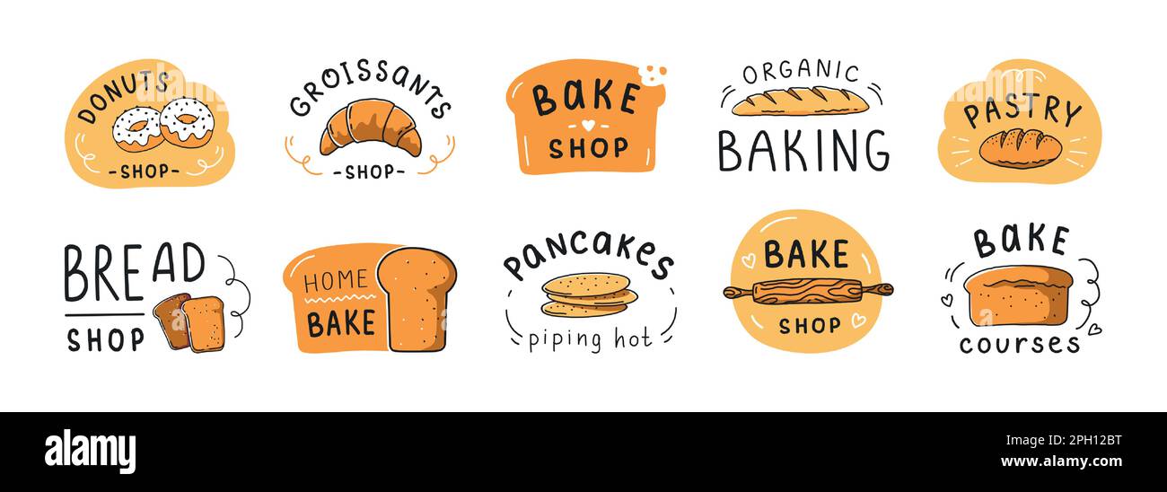 Logotipo di scrittura da forno, francobollo di farina di bagel. Etichette per lettere di pane, segni e simboli, logo di croissant, logo di pasticceria fatta in casa e torta, cupcake ed etichetta baguette. Set di illustrazioni con isolamento vettoriale Illustrazione Vettoriale