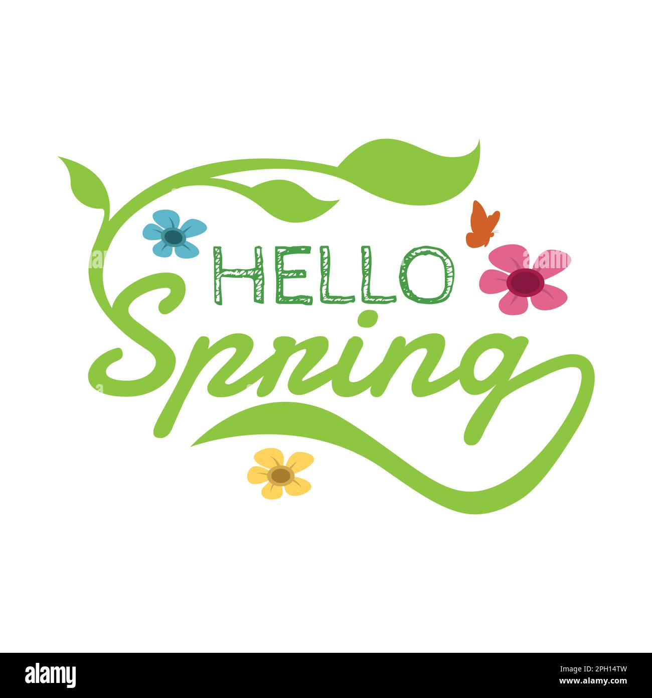 Logo stagionale primavera vettore di design. Fresco logo primavera con fiori, foglie e farfalle Illustrazione Vettoriale