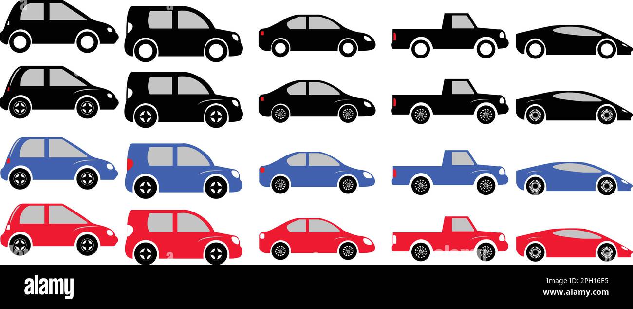 Collezione di icone blu, rosso, nero per auto. Illustrazione vettoriale in stile piatto. Concetto di trasporto urbano, urbano e automobilistico. Isolato su sfondo bianco Illustrazione Vettoriale
