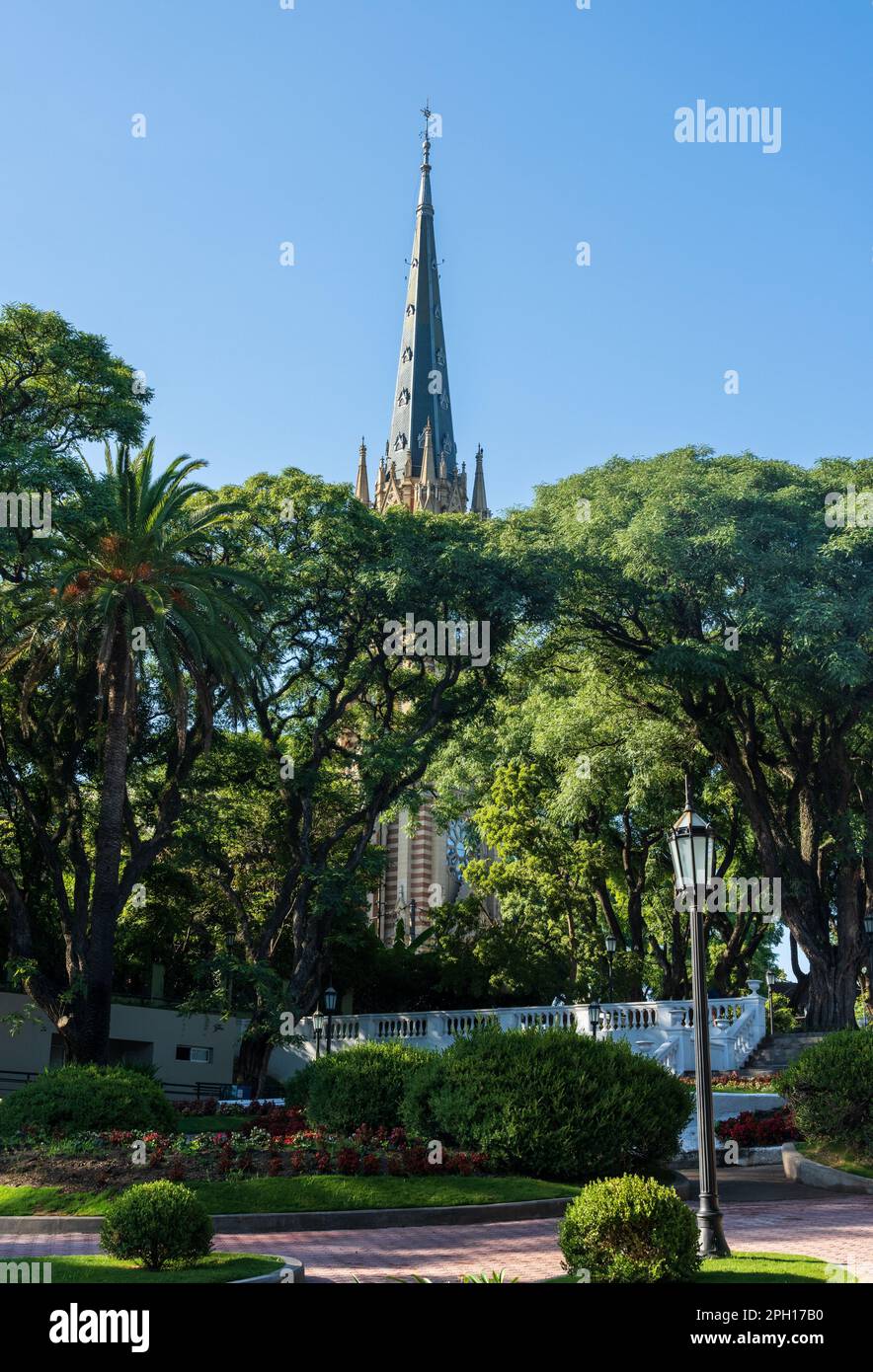 Vista verdeggiante dell'alta guglia della chiesa e della torre dell'orologio della cattedrale di San Isidro vicino a Buenos Aires in Argentina Foto Stock