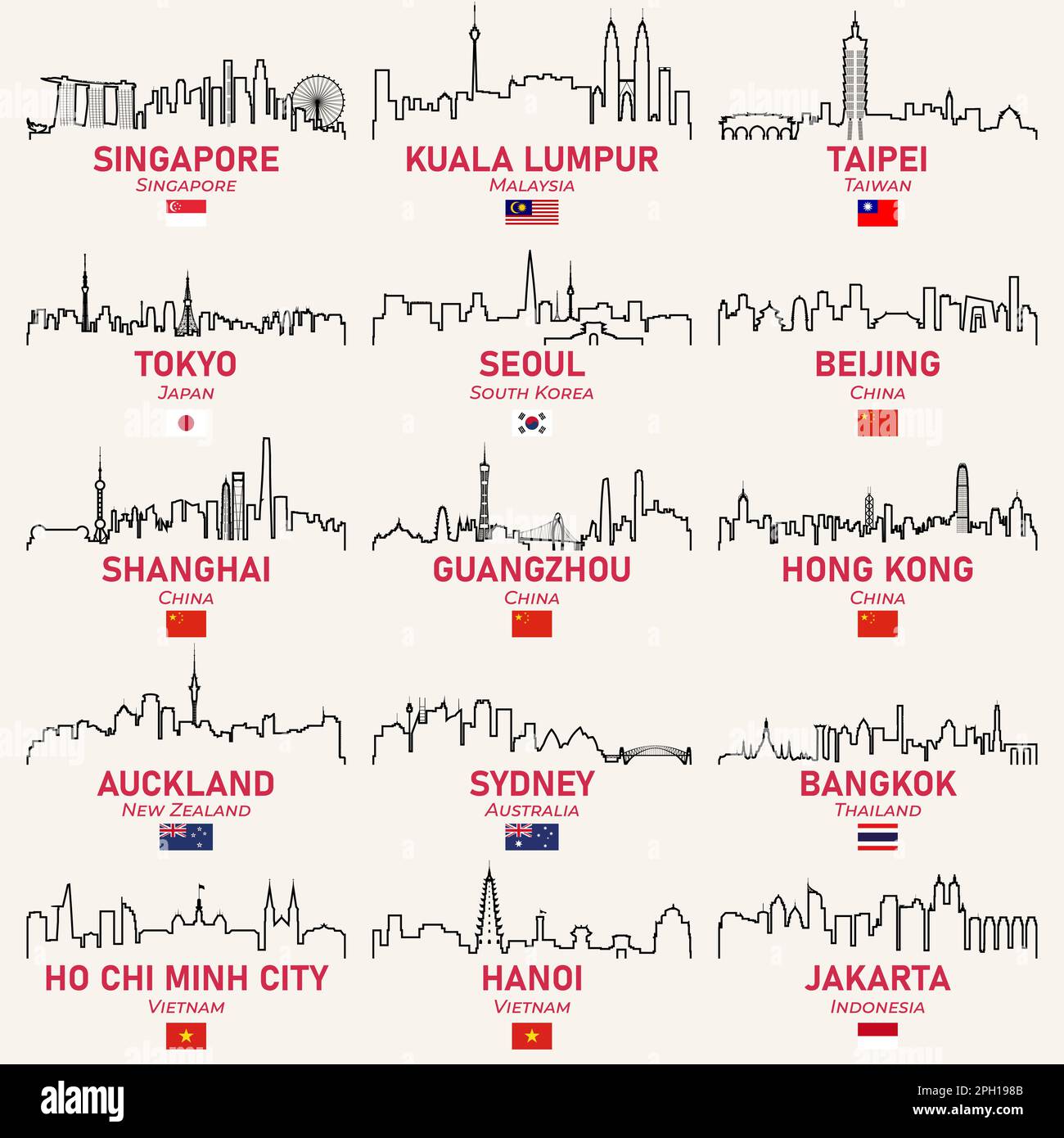 Asia e Oceania città delineano skyline vettore set Illustrazione Vettoriale
