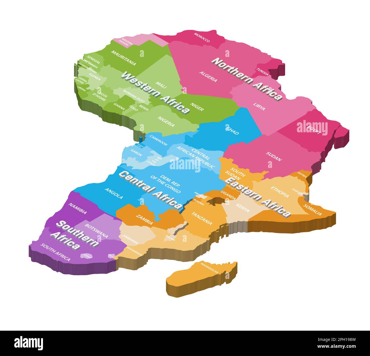 La mappa isometrica dell'Africa è colorata per regioni Illustrazione Vettoriale
