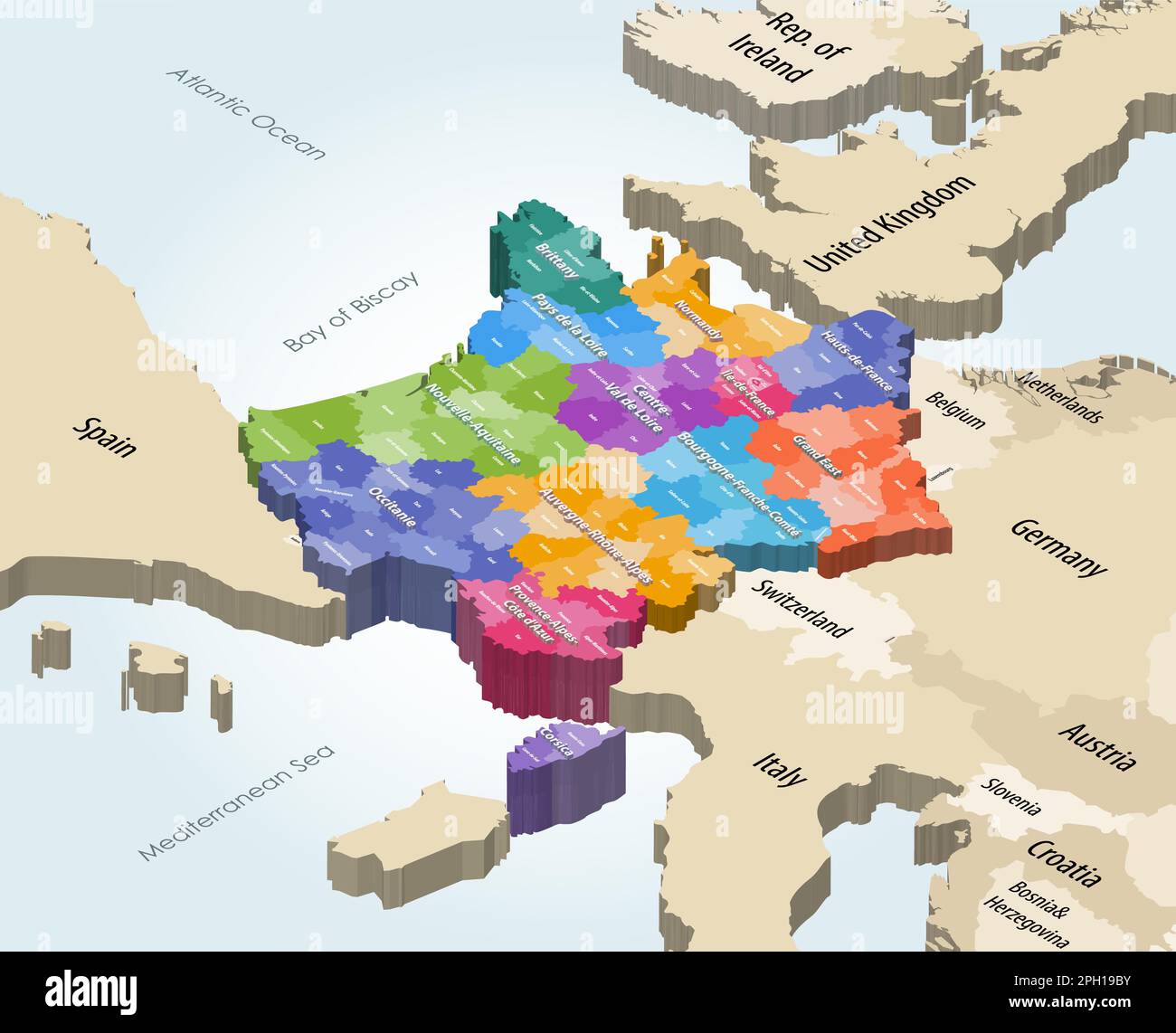 Francia regioni con dipartimenti carta isometrica con paesi vicini Illustrazione Vettoriale