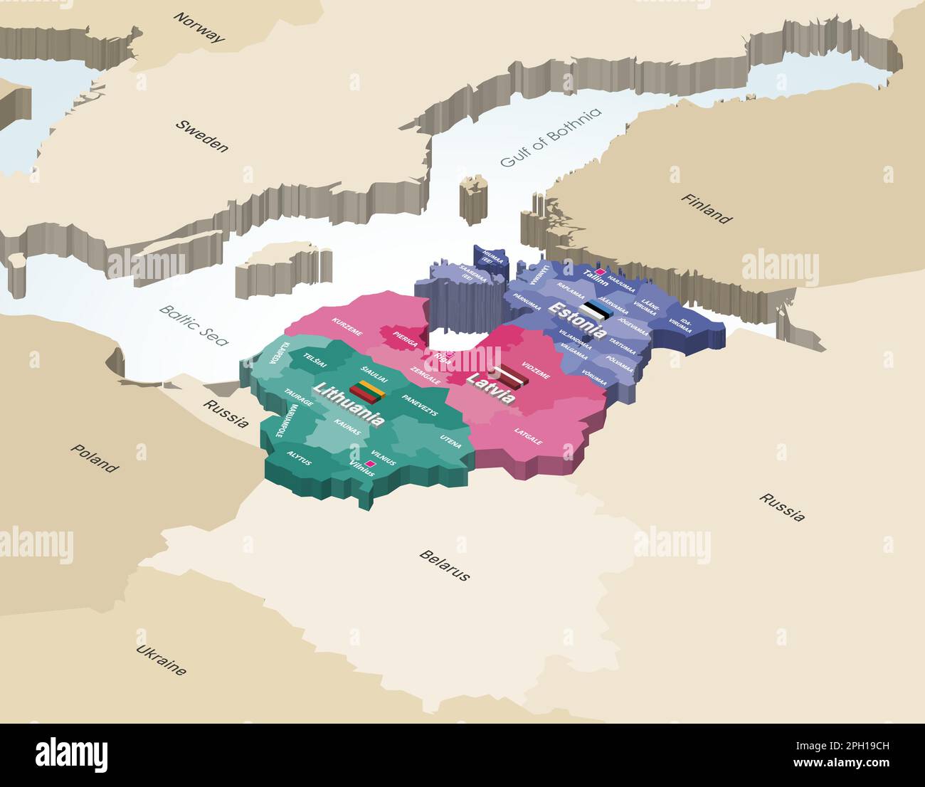 Le contee dell'Estonia, le regioni statistiche della Lettonia e le contee della Lituania mappa isometrica colorata con i paesi vicini Illustrazione Vettoriale