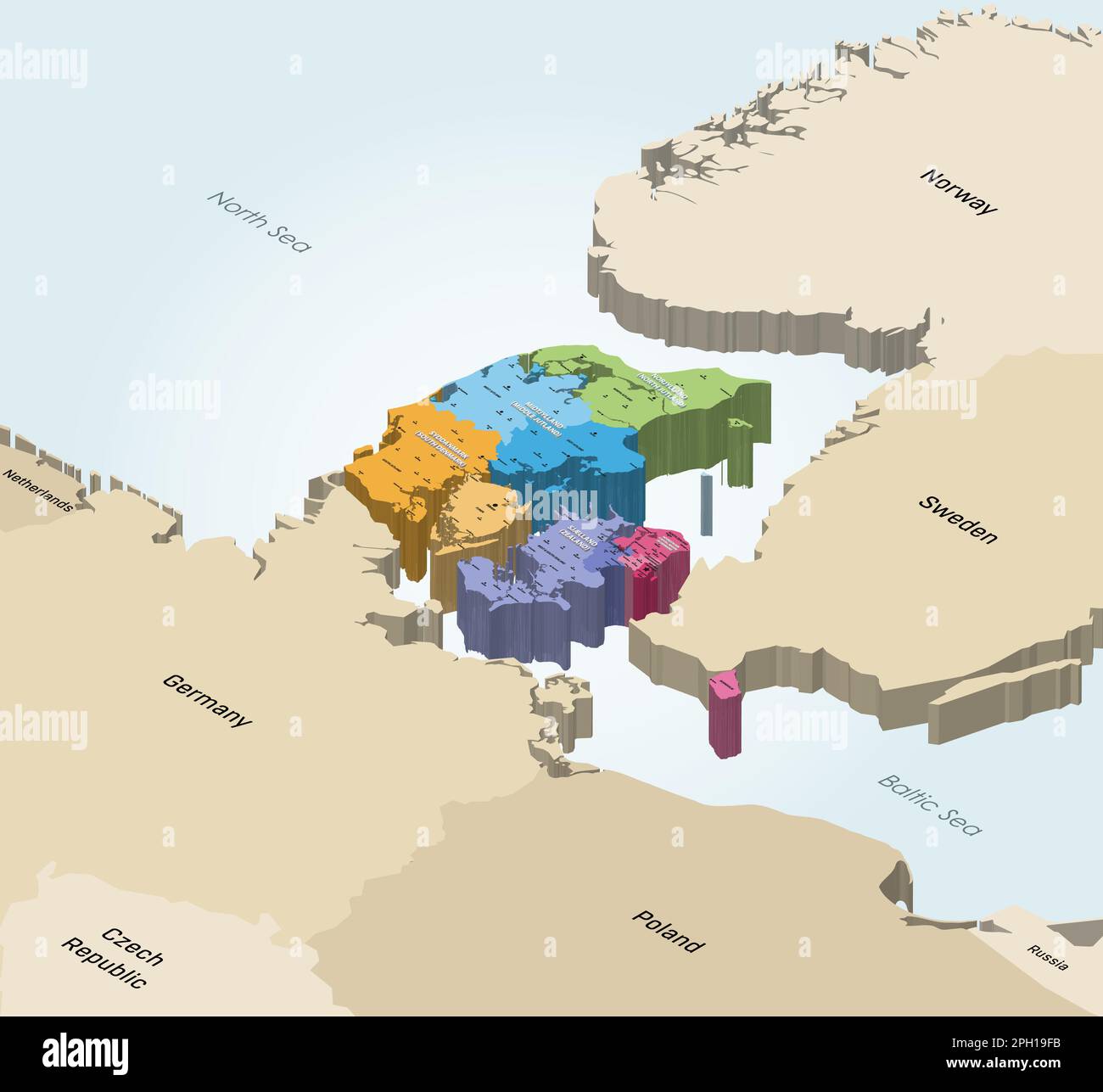 Danimarca Provincie mappa isometrica colorata per regioni con le città più grandi su di essa. Paesi vicini sullo sfondo Illustrazione Vettoriale