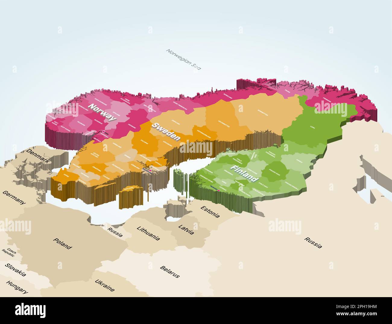 Regioni della Finlandia, province della Svezia e regioni della Norvegia Mappa vettoriale isometrica colorata con i paesi vicini sullo sfondo Illustrazione Vettoriale